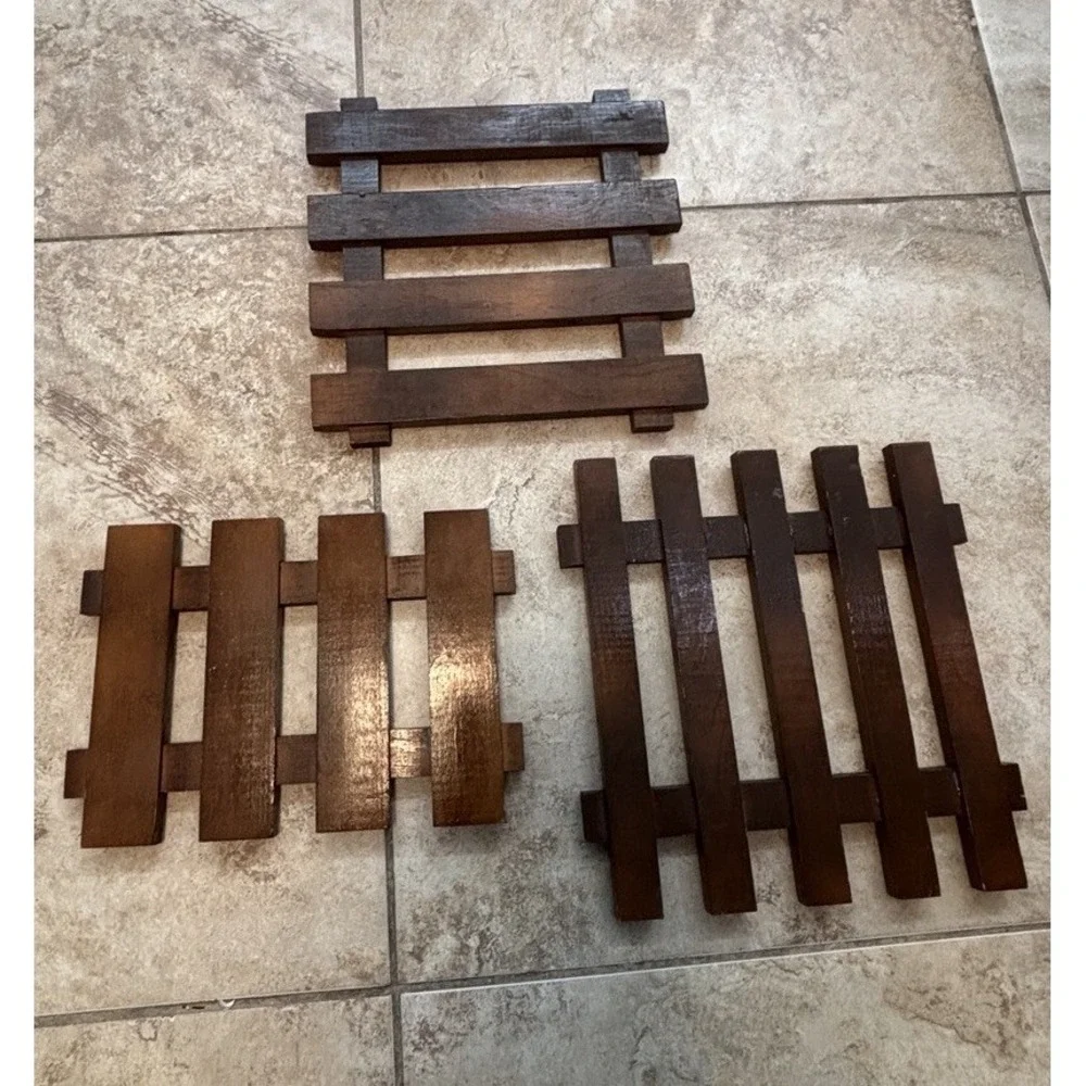 Vintage Handmade Wood Trivets Set of 3 Slatted Hot Pads Rustic Tongue Groove